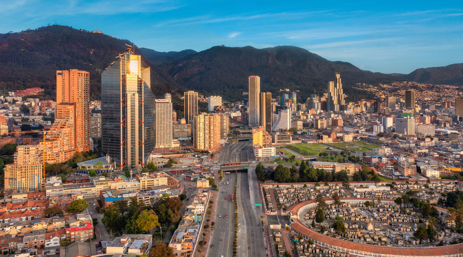 Aerial-drone-view-over-the-downtown-and-international-center-of-bogota-at-sunset