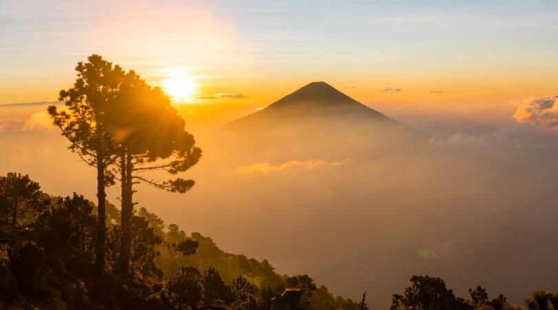 Sun-rising-behind-volcan-agua-water-volcano-that-is-covered-in-clouds-except-the-peak.-A-tree-in-the-foreground.-The-photo-is-taken-from-acatenango-volcano