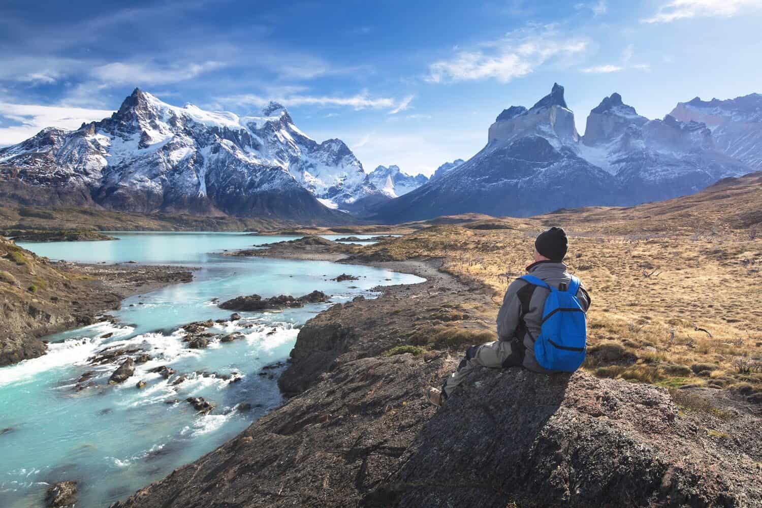 Hiker in a national park Torres del Paine, Patagonia, Chile