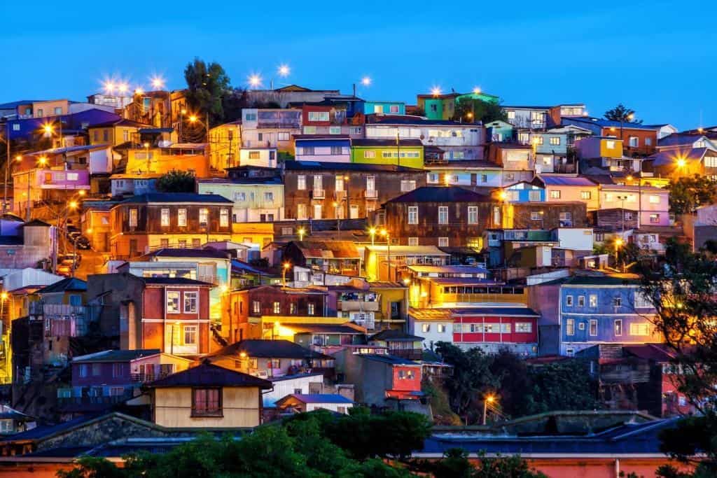 The historic quarter of Valparaiso in Chile at night