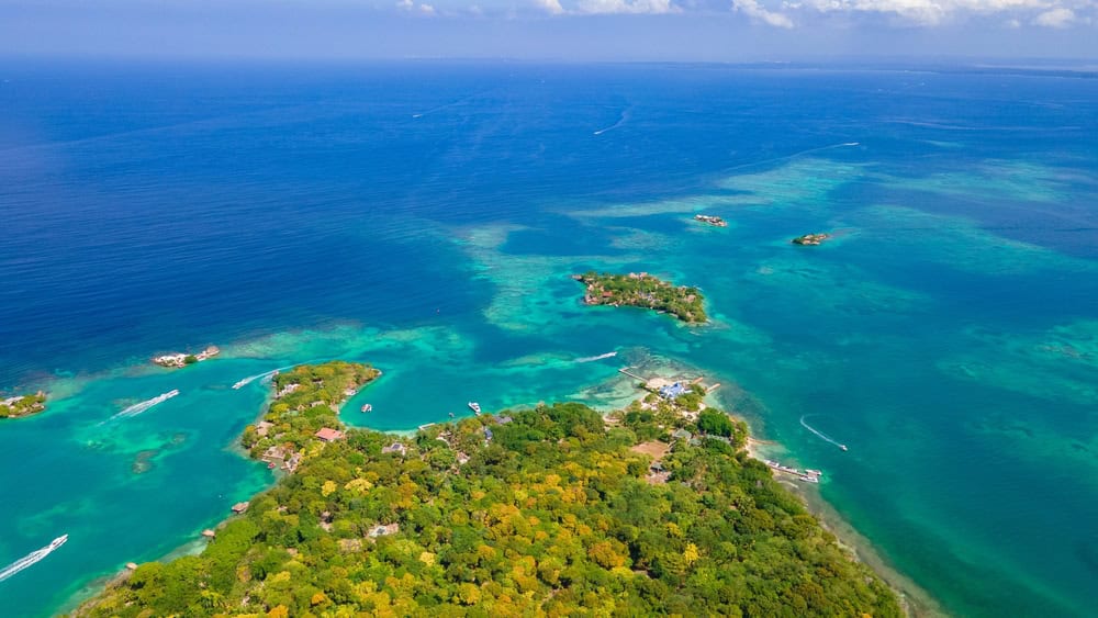 Aerial-view-of-Rosario-island-in-the-middle-of-the-ocean-in-Cartagena