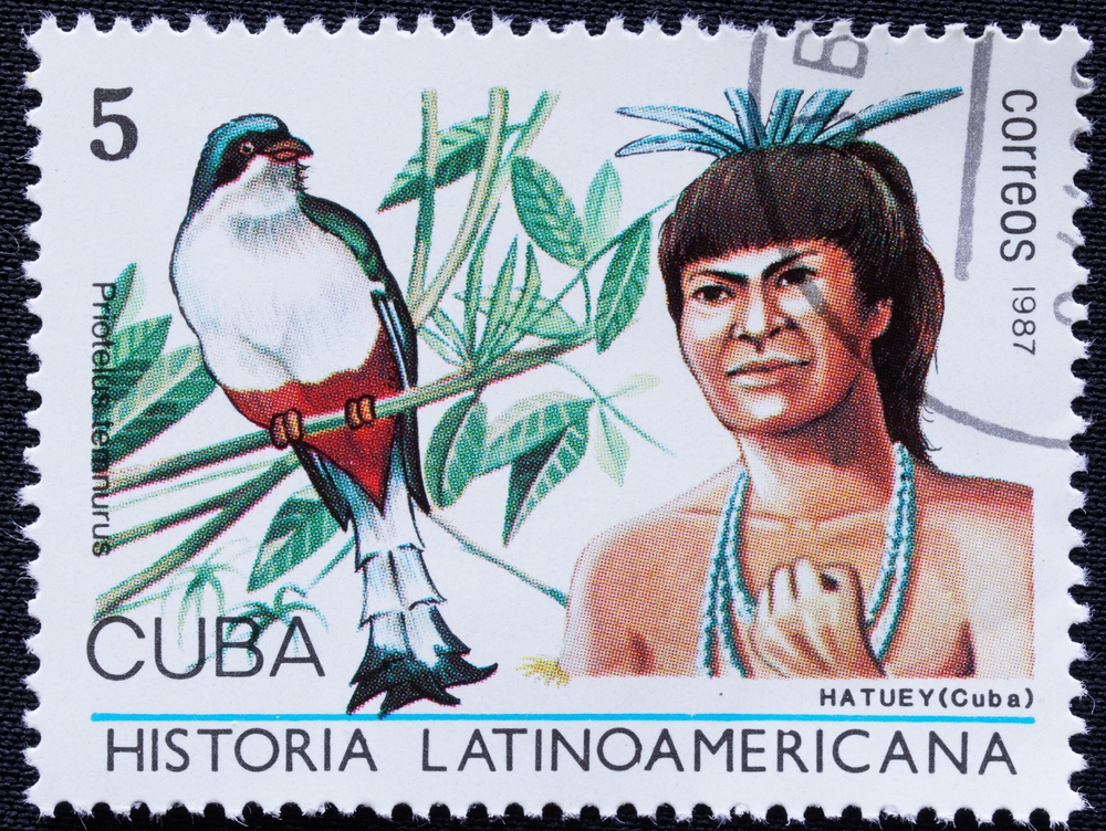 A-postage-stamp-printed-in-Cuba-in-1987-depicting-the-independence-fighter-the-national-hero-of-Cuba-the-leader-of-the-Taino-tribe-Hatuey-and-the-Cuban-trogon-tocororo-bird