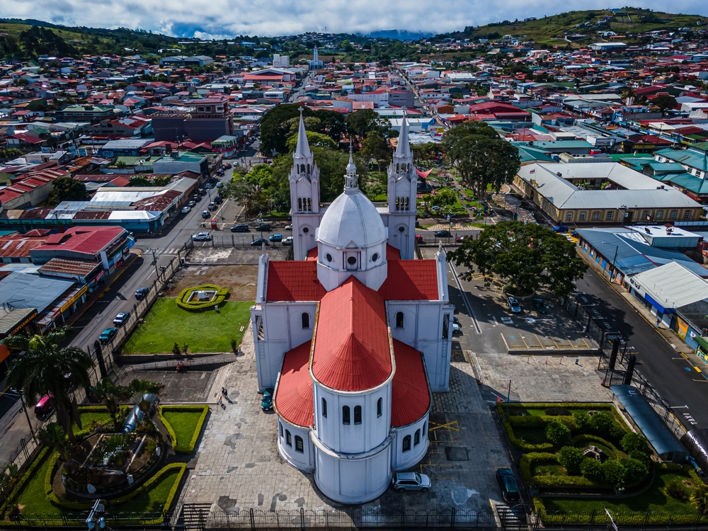 Alajuela-Costa-Rica-Beautiful-aerial-view-of-the-San-Ramon-Church-and-town-in-Costa-Rica