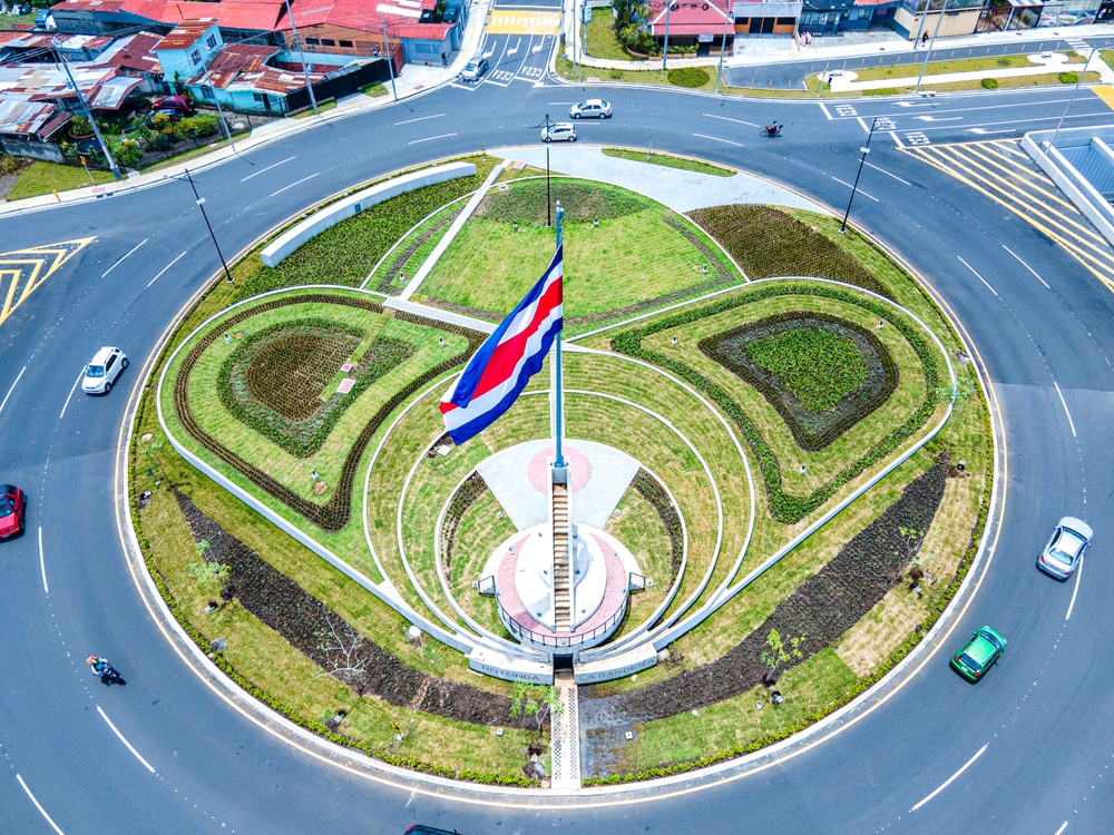 Beautiful-aerial-view-of-the-new-Flag-roundabout-in-Costa-Rica-Rotonda-de-la-bandera-un-San-Jose