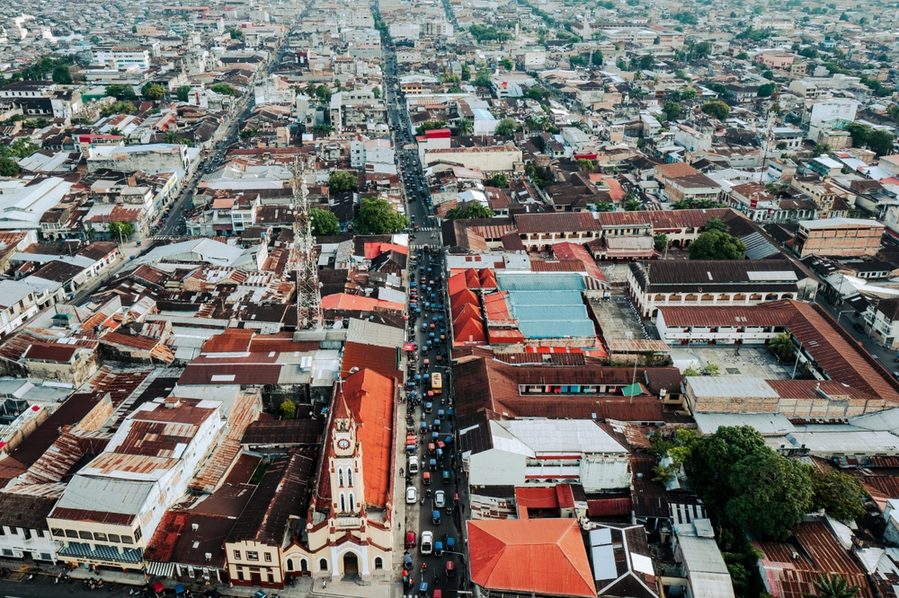 Aerial view of Iquitos, Peru with the Itaya River in the background in the middle of the Amazon Rainforest