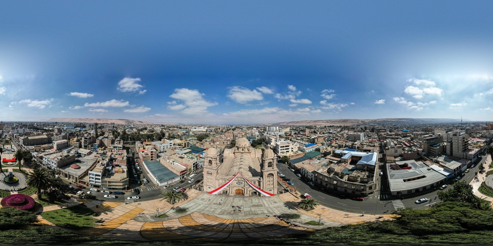 Aerial view of the Civic Walk of Tacna. Peru. 360 view