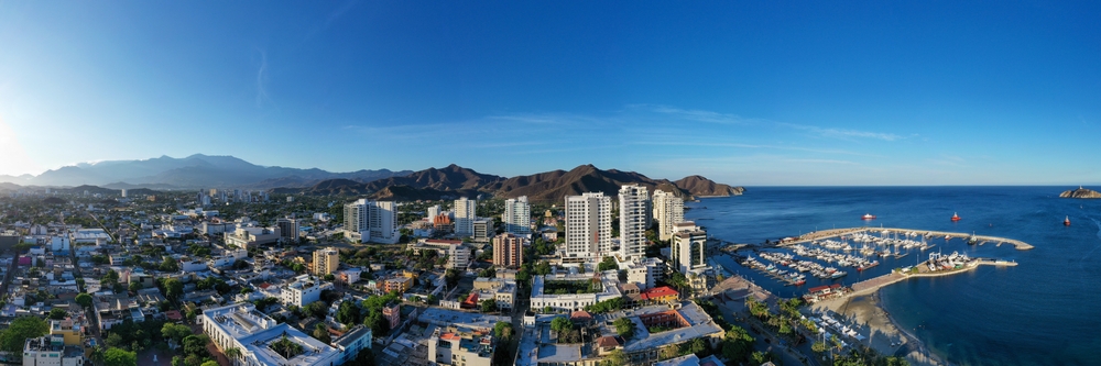 Aerial view of the city of Santa Marta, Colombia along the Caribbean Coast.