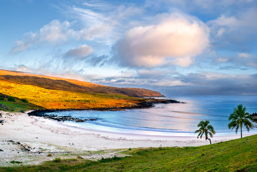 Anakena, a white coral sand beach situated on the northern tip of Rapa Nui (Easter Island), is one of the only two small sandy beaches on the island.