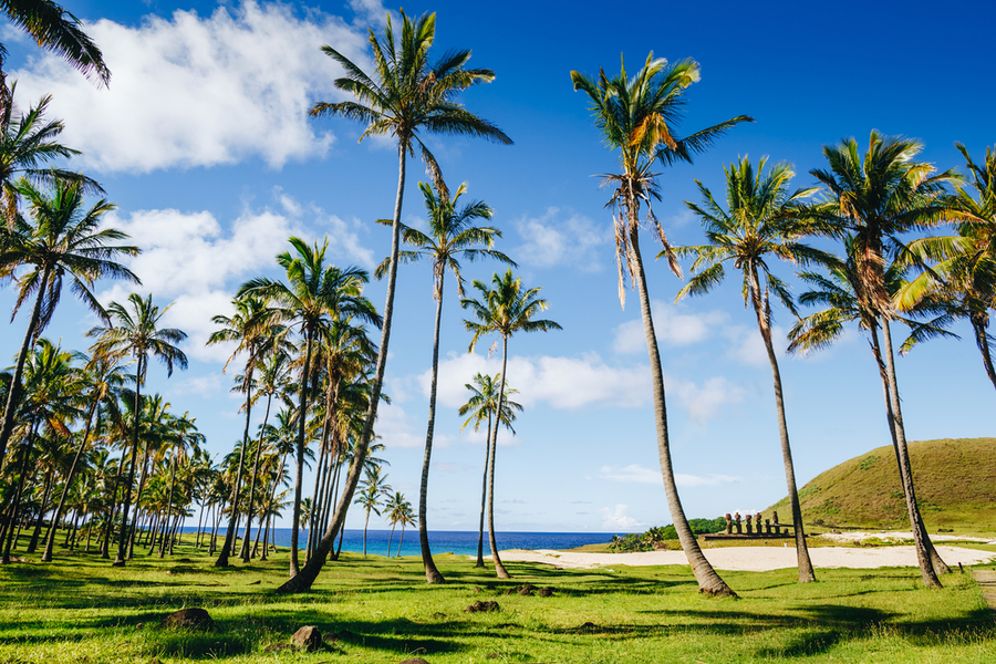 Anakena beach and Ahu Nau Nau on Easter Island, Chile_ 