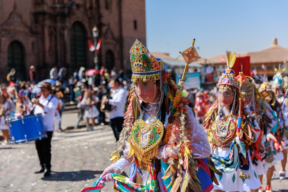 Dancers-in-typical-costumes-celebrate-in-honor-of-the-Virgen-del-Carmen-in-the-square-of-Cusco