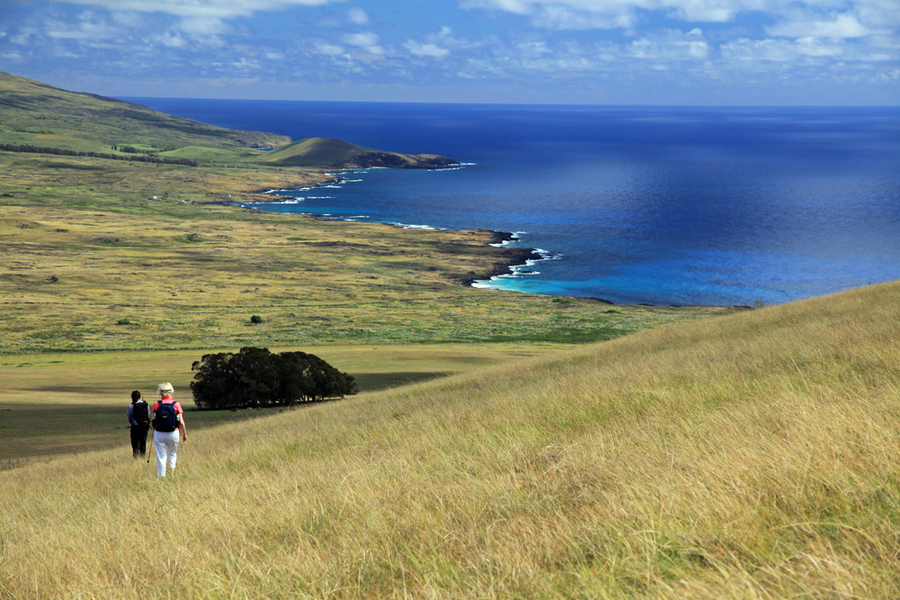 Hiking the ancient volcano on Ester Island in the South Pacific