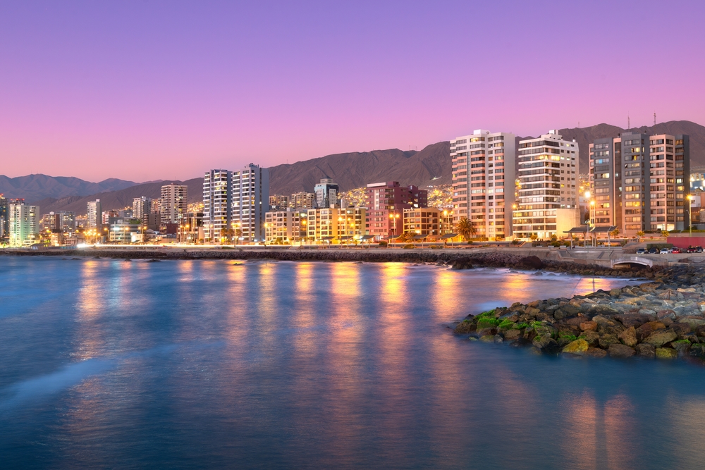 Panoramic view of the coastline of Antofagasta, know as the Pearl of the North and the biggest city in the Mining Region of northern Chile