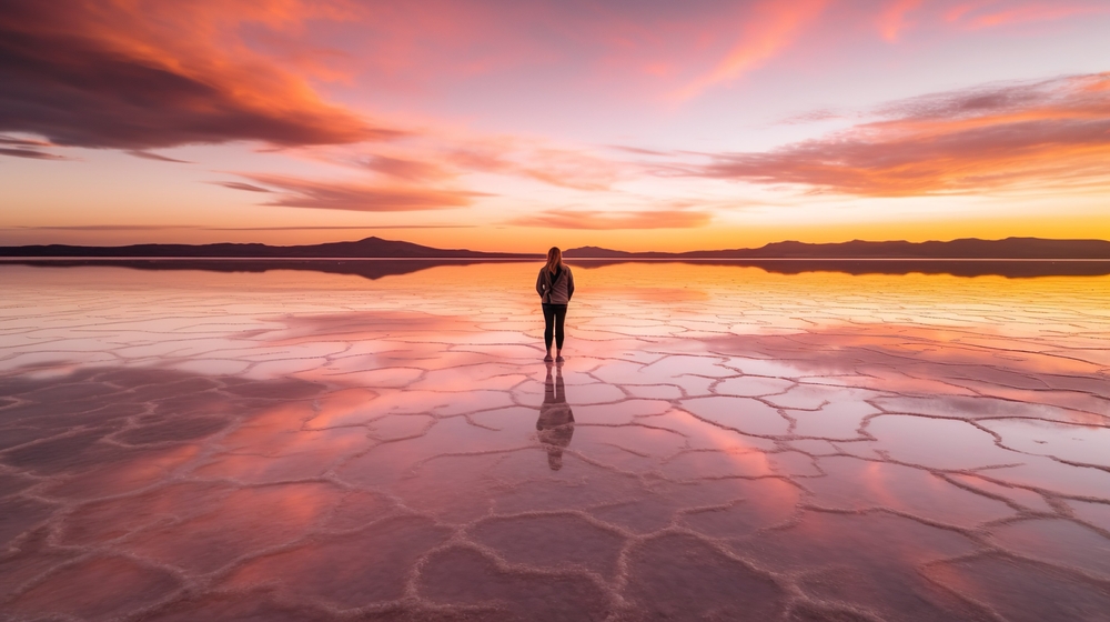 Person standing in salt lake during colorful sunset, epic mood beautiful travel photo