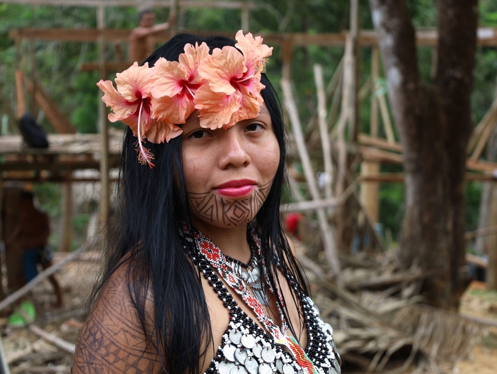 Portrait of an Emberá woman with a traditional tattoo