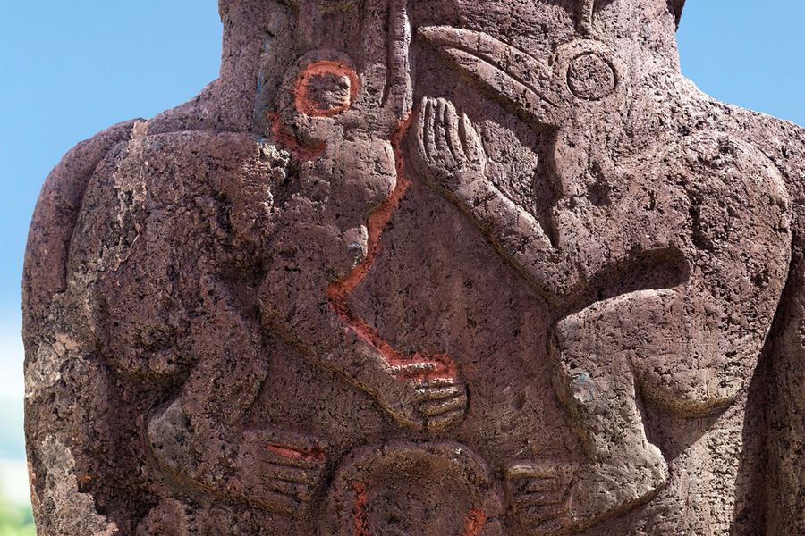 Two bird carvings on the back of an Easter Island moai