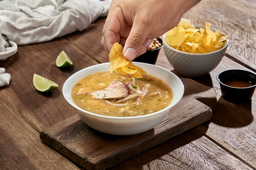 Typical food. Delicious encebollado fish stew from Ecuador traditional food from the house of national dishes. Ecuadorian food